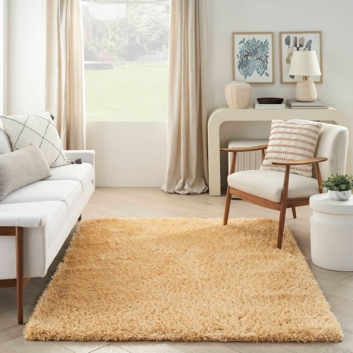 Area Rug Gold High Pile Shag for Modern Minimalist Room