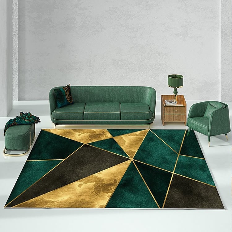 Area Rug Gold Line Accents Emerald Green Geometric Art Deco Floor Decor