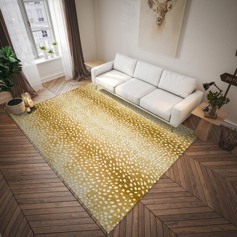 Area Rug Gold Painterly Pattern Distressed Low Pile Modern Dining Room