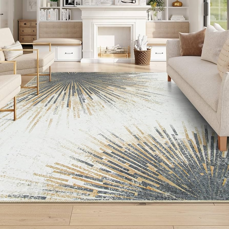 Area Rug Gold Starburst Motif Ultra Thin Profile Gray Abstract Rug