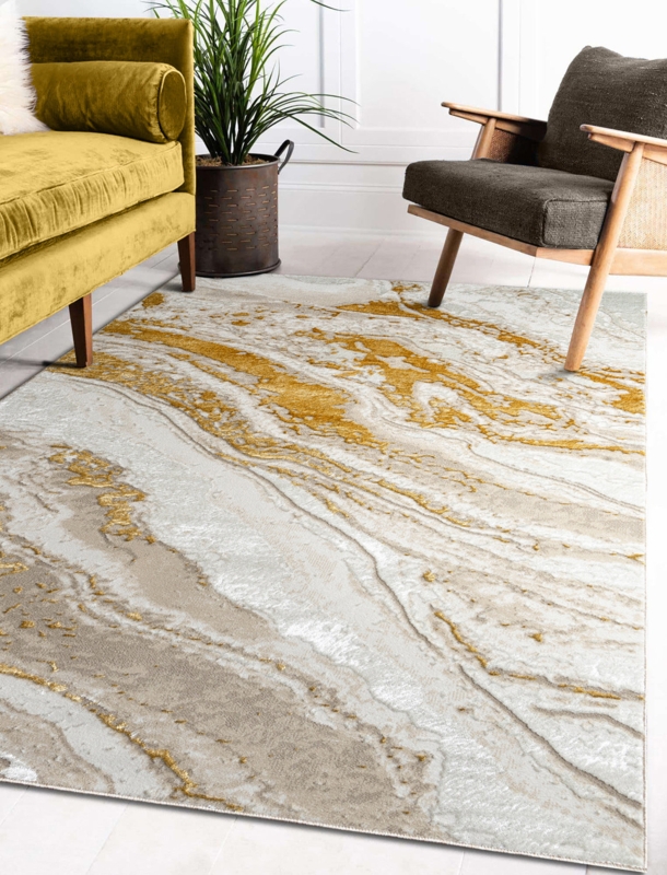 Area Rug Gold Veining Abstract Marble Look Glam Beige Living Room Decor