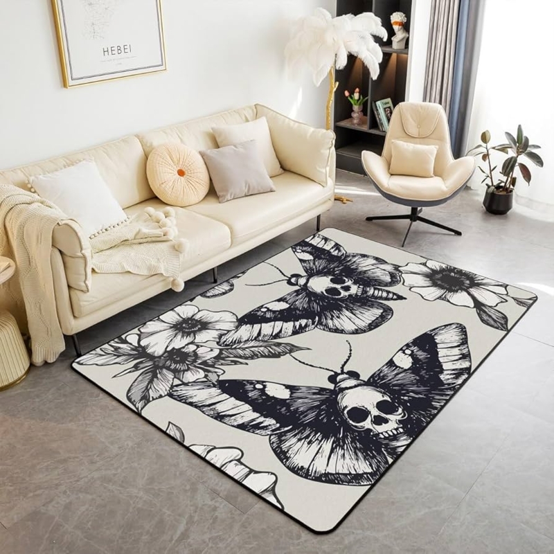 Area Rug Gothic Death Moth Graphic High Contrast Palette