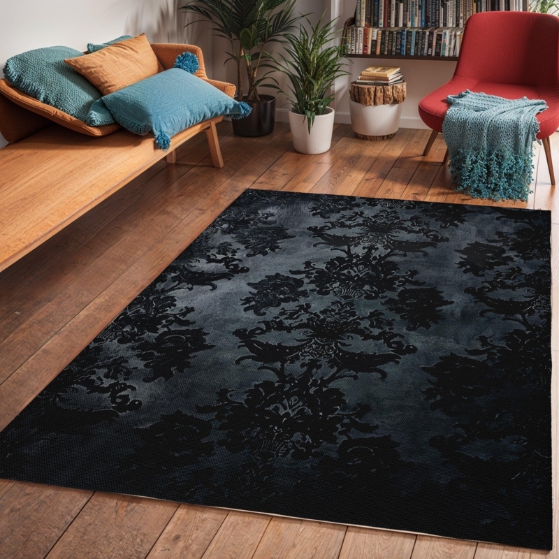 Area Rug Gothic Floral Motifs High Contrast Botanical Woven Fabric
