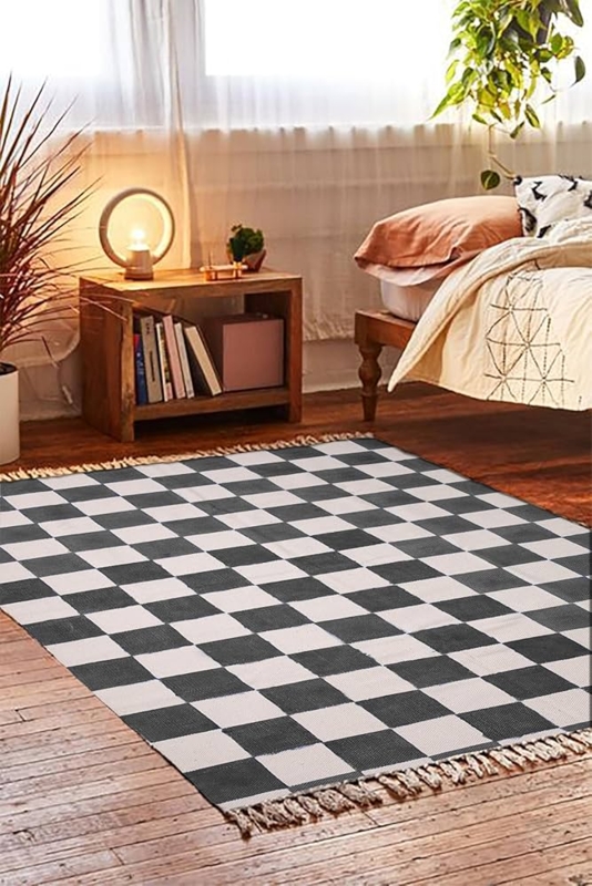 Area Rug Gray Checkered Diamond Pattern Flatweave Scandinavian Style