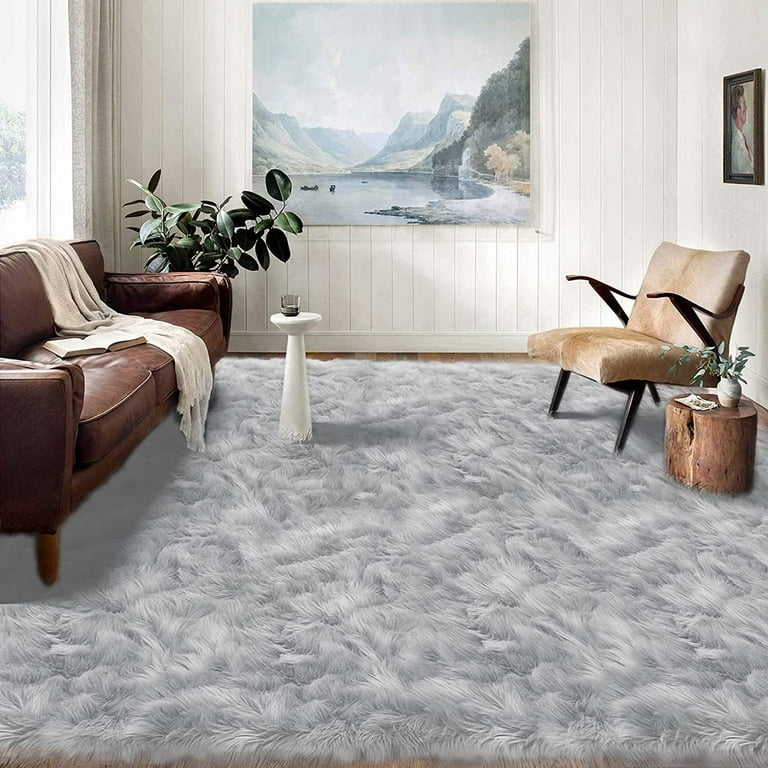Area Rug Gray Contemporary Faux Fur High Pile Shaggy Plush Surface