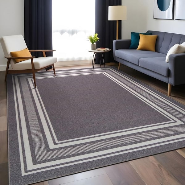 Area Rug: Gray Distressed Traditional with Charcoal Border, Low Profile.