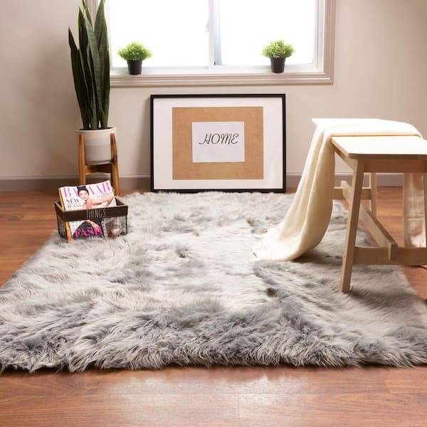 Area Rug Gray Faux Sheepskin Shaggy Long Pile Plush Surface Modern