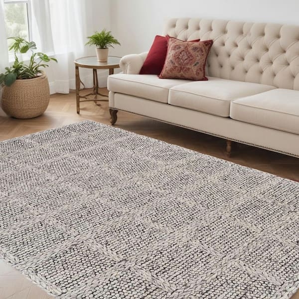 Area Rug Gray Large Scale Plaid Windowpane Grid Ivory Transitional
