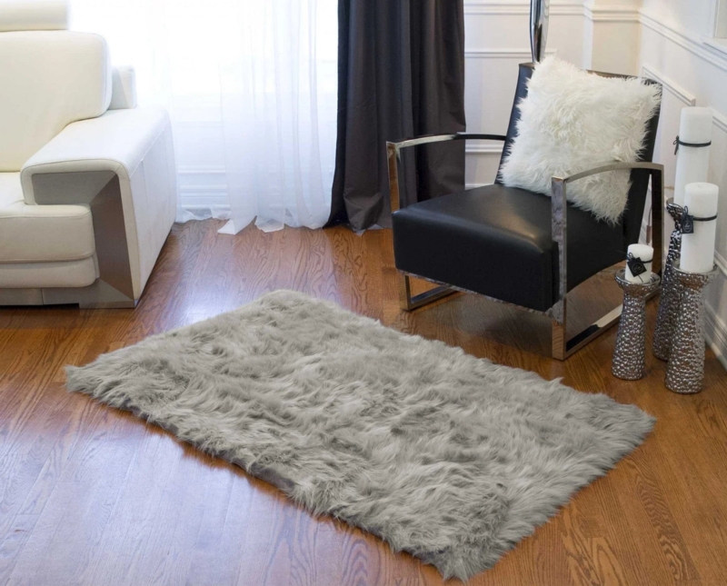 Area Rug Gray Rectangular Faux Fur Shaggy Pile Soft Fibers Modern
