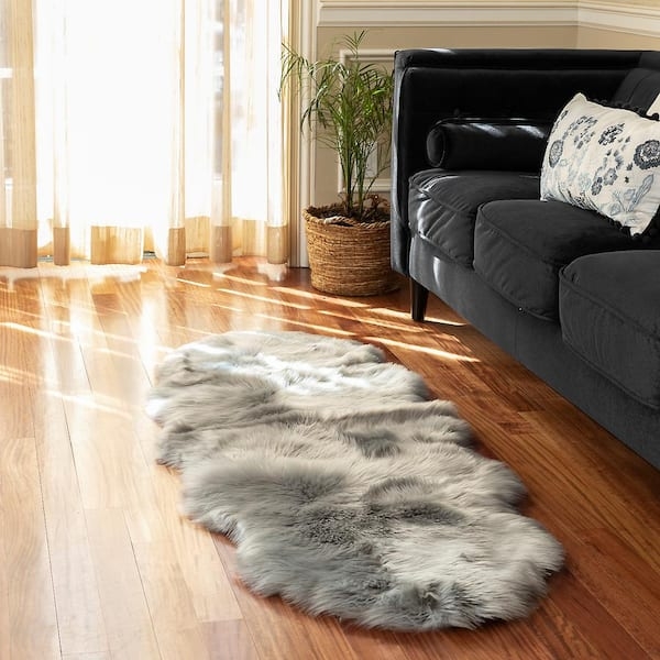 Area Rug Gray Shaggy Faux Fur Pelt Shape High Pile Scandinavian Modern