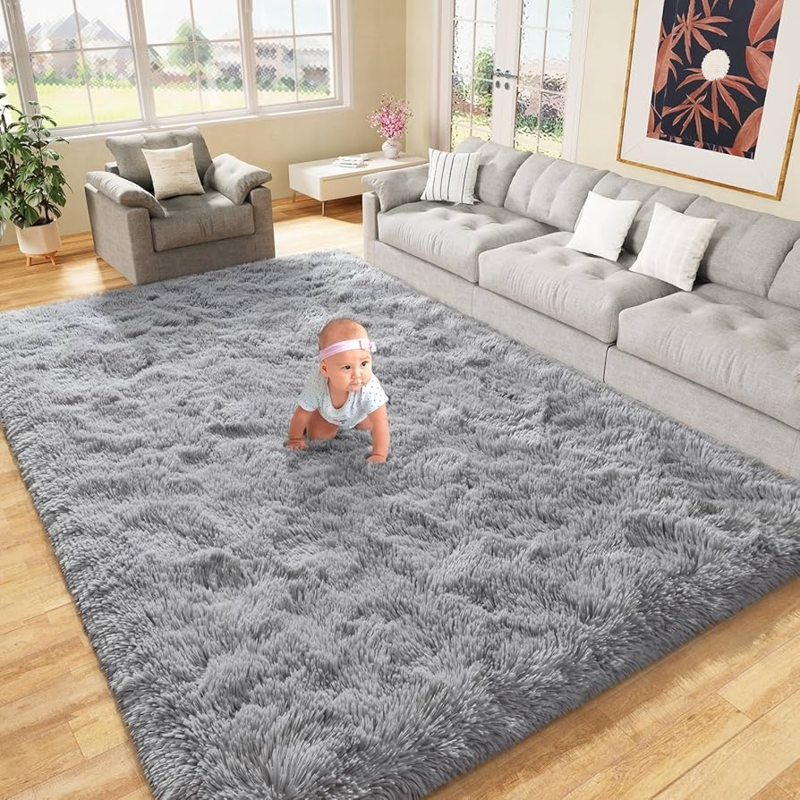 Area Rug Gray Shaggy High Pile Cozy