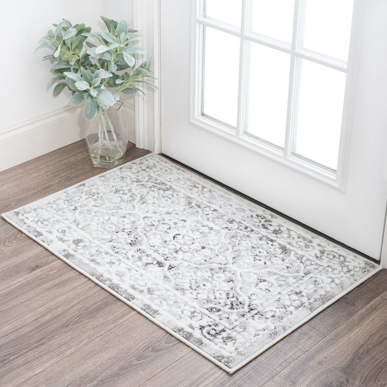 Area Rug Gray White Paneled Floral Bordered Entryway Mat