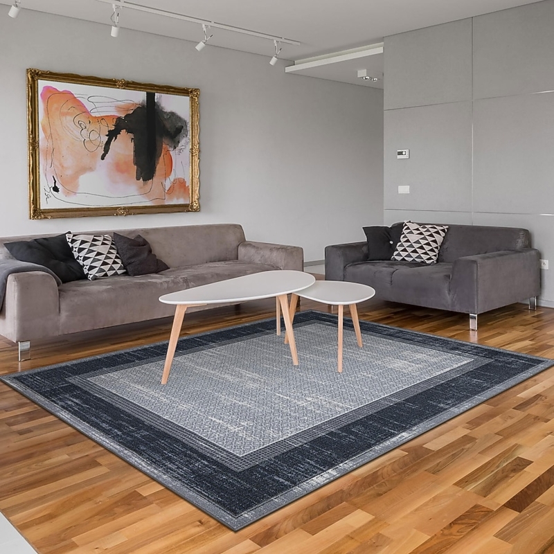 Area Rug, Gray with Crisp Black Border, Minimalist Low Profile