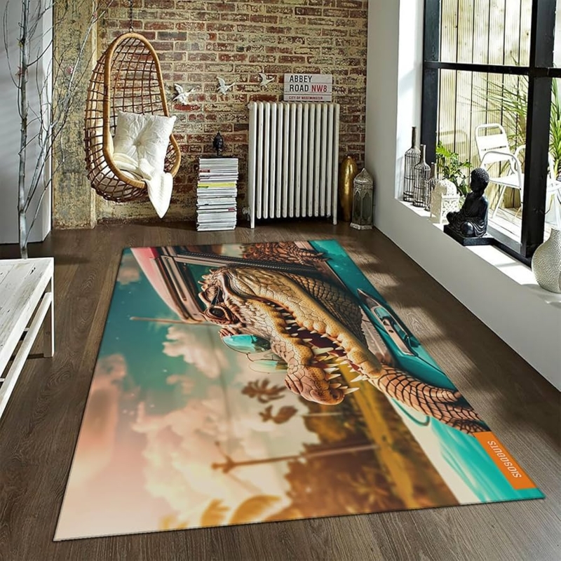 Area Rug Green Crocodile Silhouette Embossed Scale Texture Playful