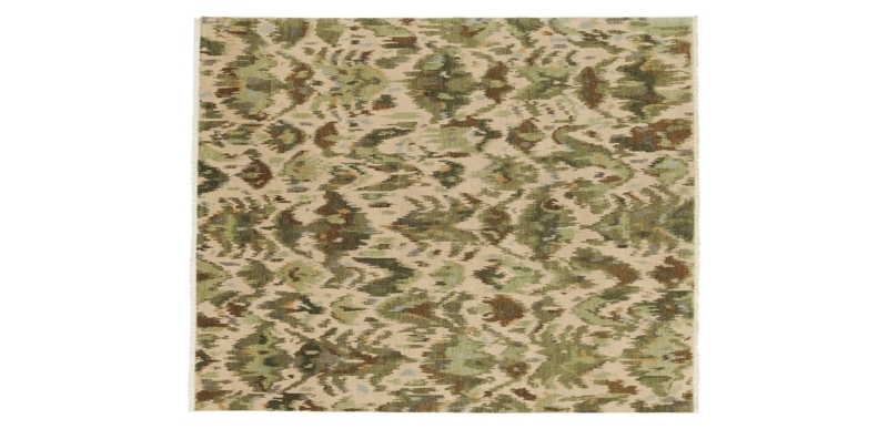 Area Rug Green Ikat Hand Knotted Wool With Fringe