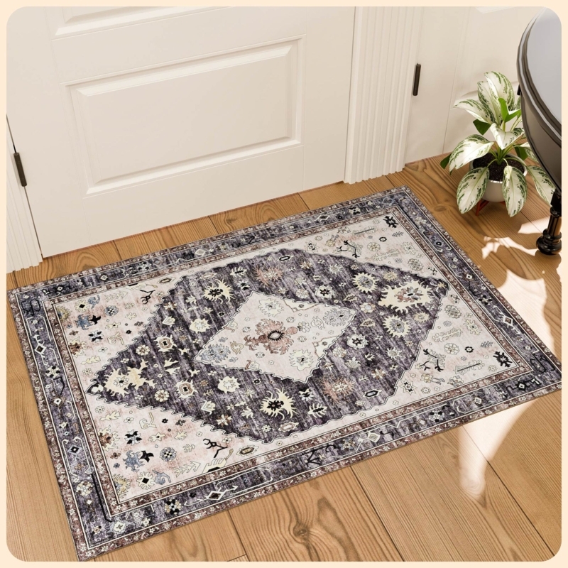Area Rug Grey Beige Vintage Distressed Medallion Transitional