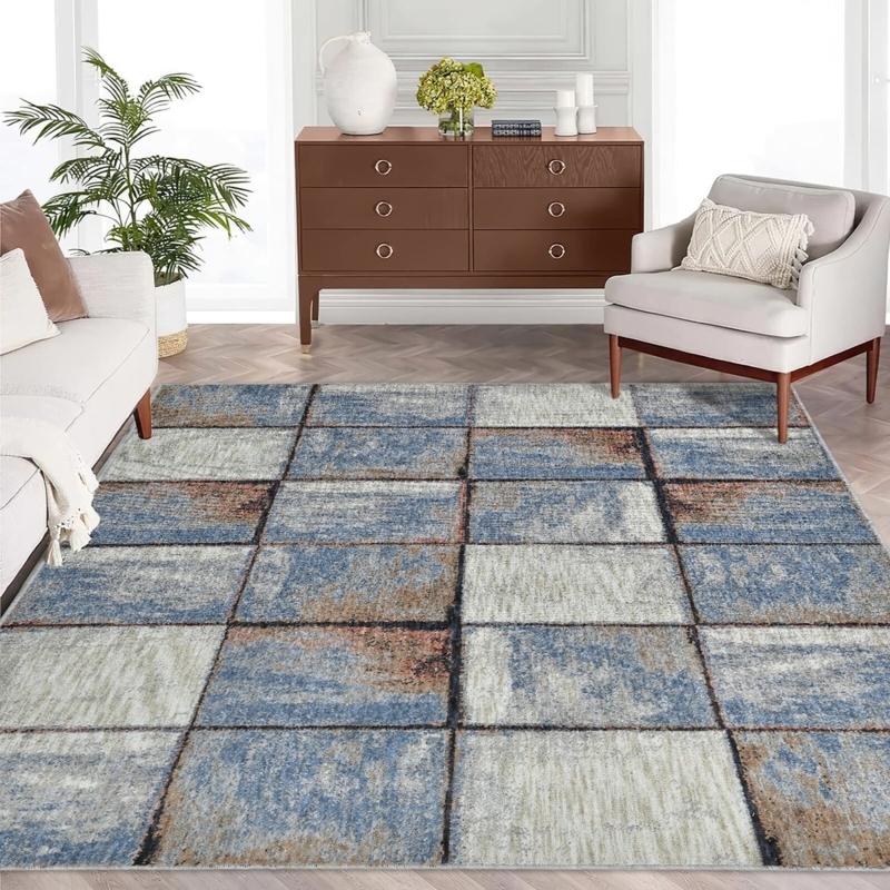 Area Rug Grey Shaggy Texture Minimalist Grid Plush High Pile