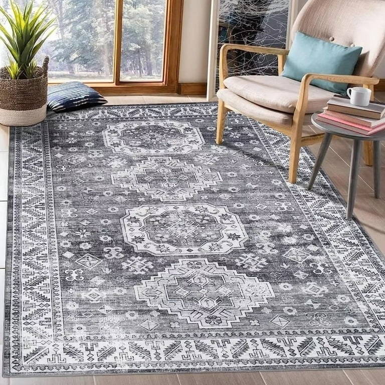 Area Rug, Grey Tribal Pattern Bohemian, Distressed Bohemian Area Rug