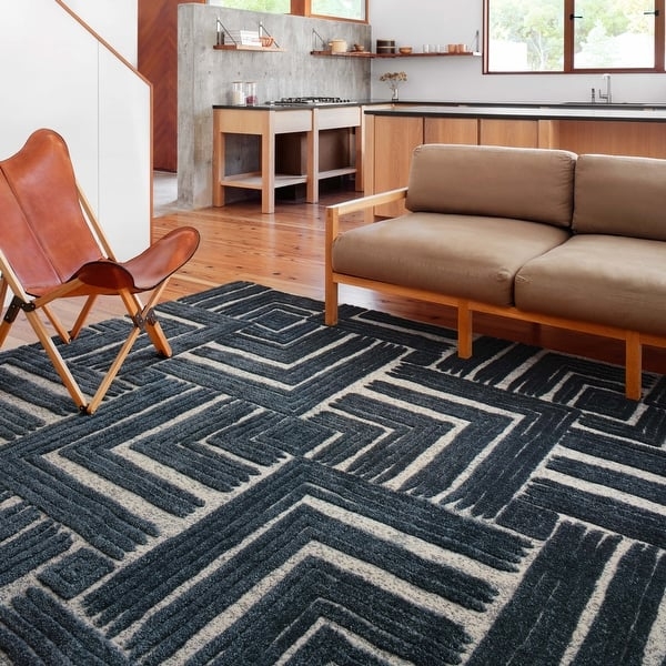Area Rug Grid Pattern Ivory Charcoal High Contrast Geometric Low Pile