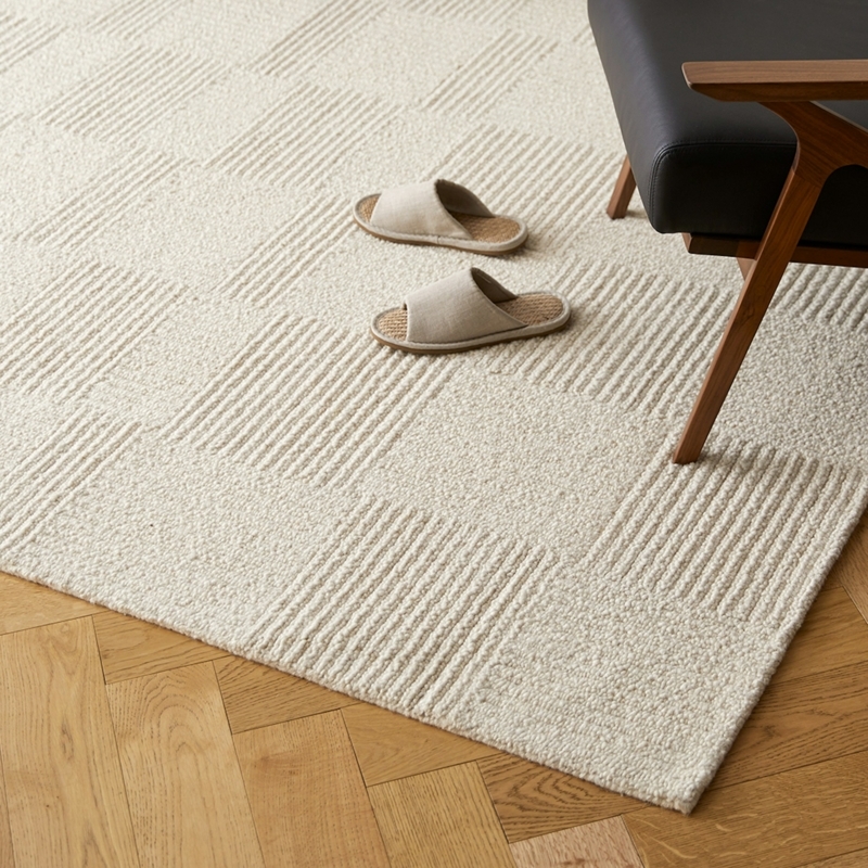 Area Rug Grid Pattern Ivory Wool-Like, Modern Scandinavian Living Ideas