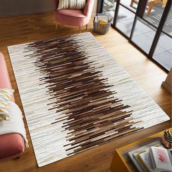 Area Rug Hair On Hide Patchwork Grid Natural Earthy Texture