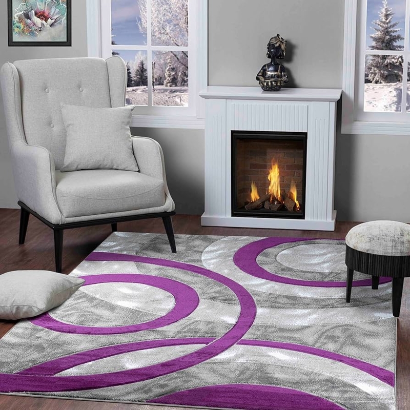 Area Rug Hand Carved Circles Plum Color Palette Geometric Pattern