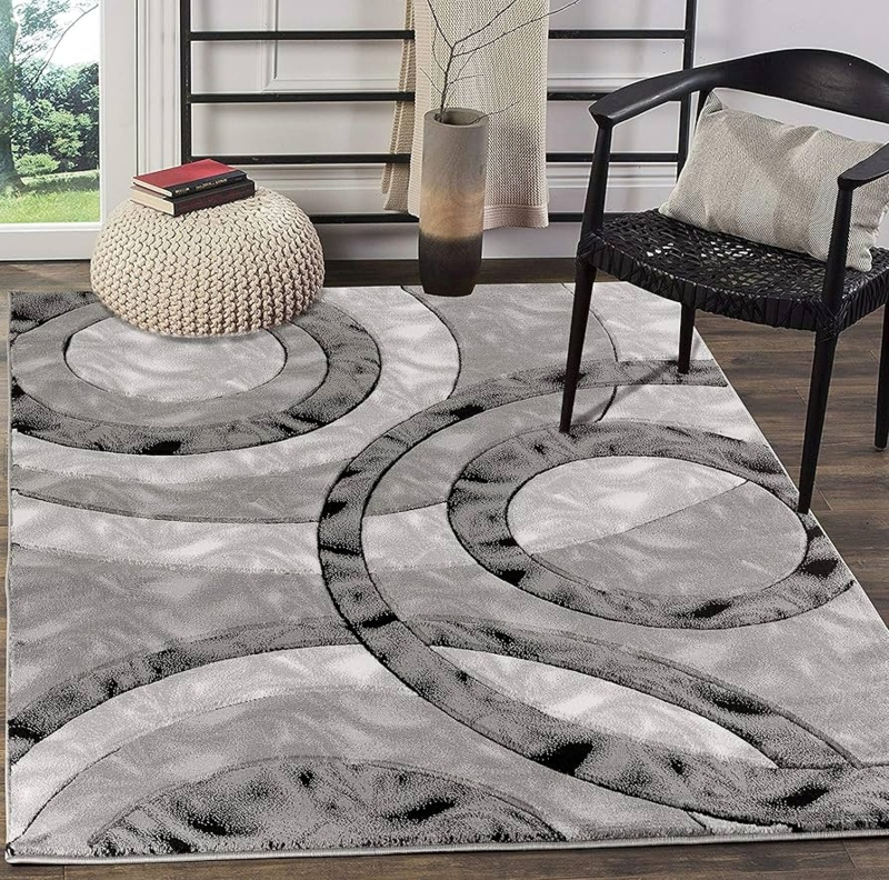Area Rug Hand Carved Interlocking Circles Monochromatic Grayscale.