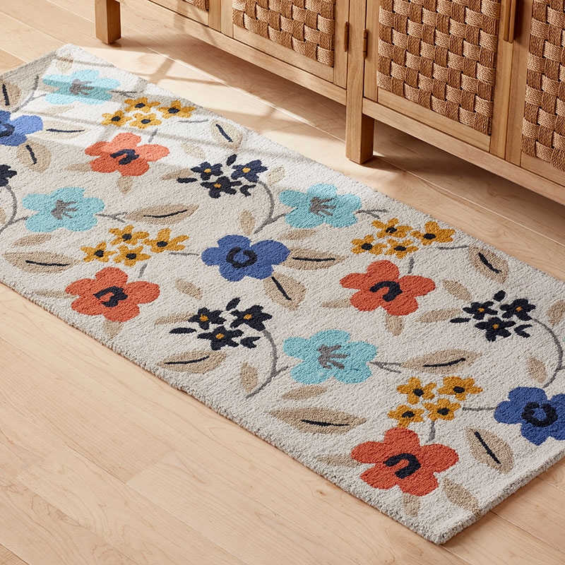 Area Rug Hand Hooked Navy Botanical Cream Outdoor