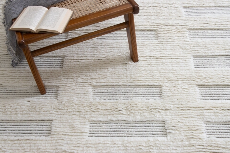 Area Rug Hand Loomed Cream Rhythmic Stripes Minimalist Living Room