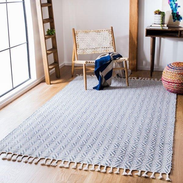 Area Rug Hand Loomed Texture Gray Blue with Fringed Edges Coastal Style
