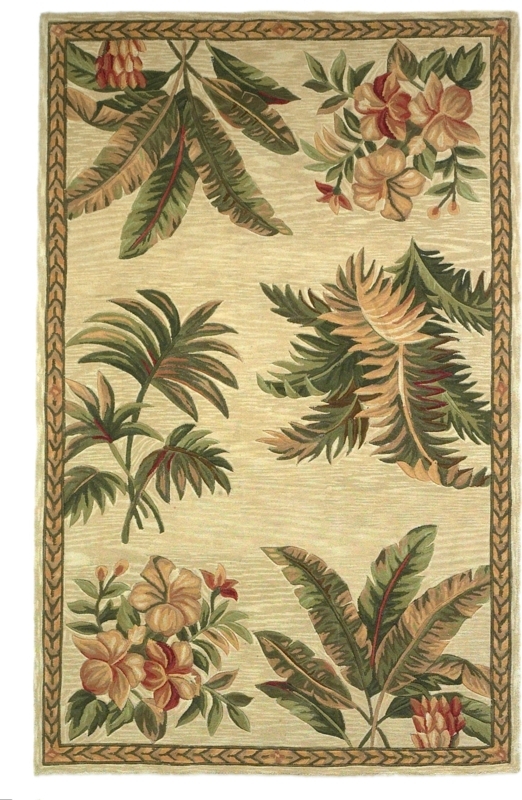 Area Rug Hand Tufted Thick Pile Green Gold Ivory Tropical Leaf Area Rug