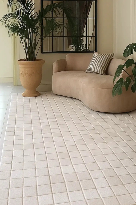 Area Rug: Hand-Tufted Wool Cream And Tan Minimalist Living Room