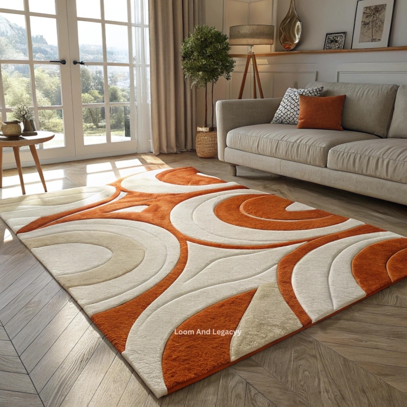 Area Rug: Hand Tufted Wool Texture, Retro Abstract Wavy Lines Design