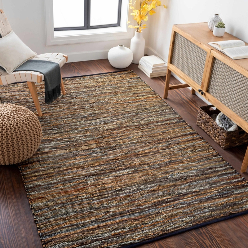 Area Rug Hand Woven Leather Rag Southwestern Geometric Style