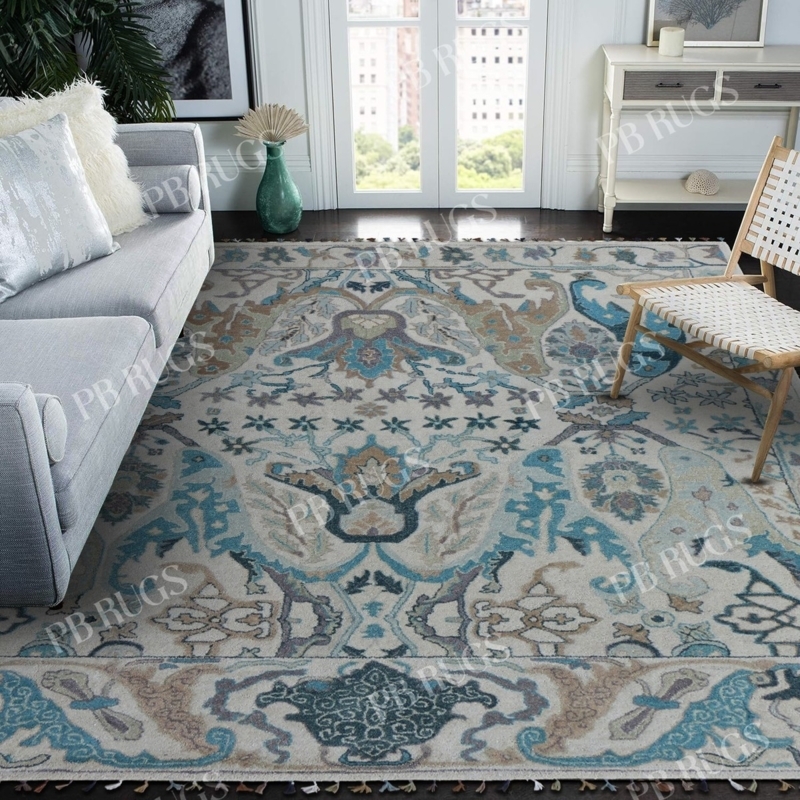 Area Rug Handmade Tufted Wool White Gray Ikat Bound Edge