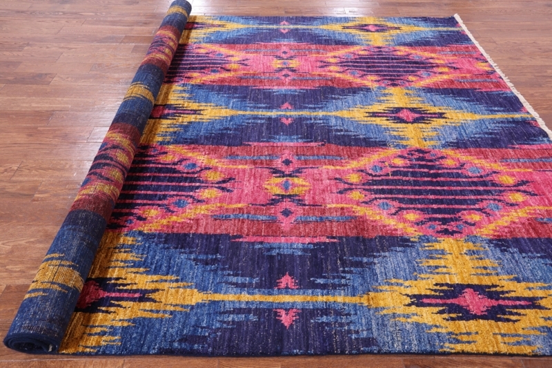 Area Rug Handmade Woven Ikat Textile Blue Cream Wool Like