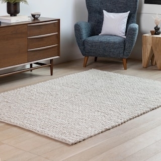 Area Rug Handwoven Ivory Wool Raised Texture Coastal Modern