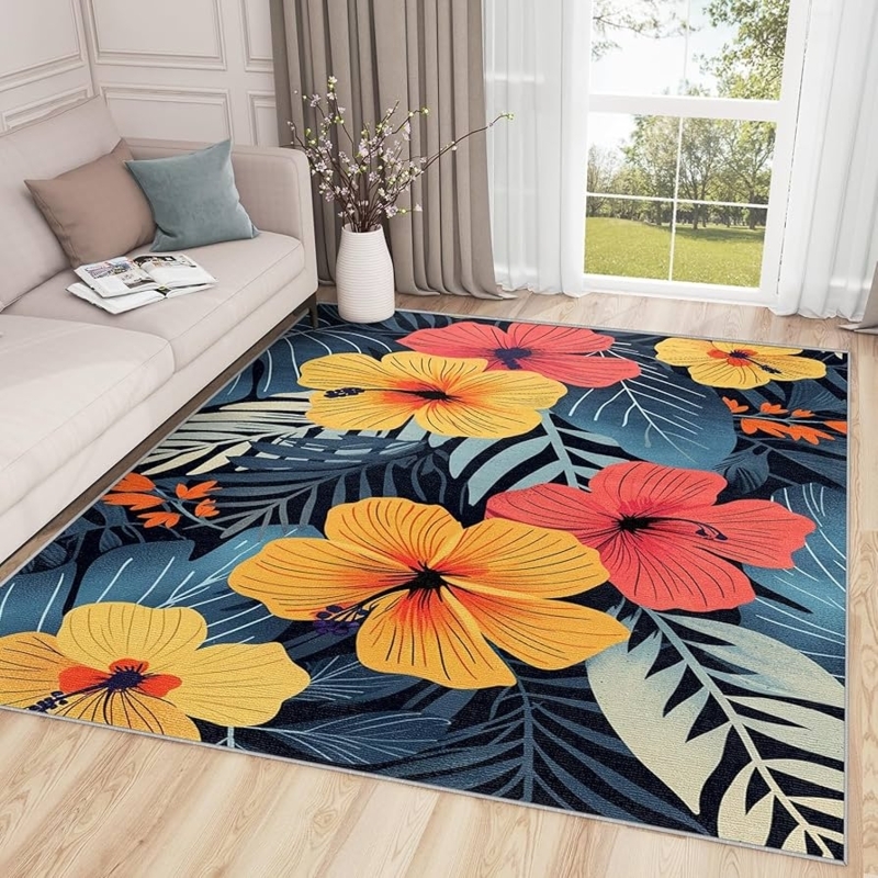 Area Rug Hibiscus Floral Print Vibrant Tropical Living Room Navy Blue