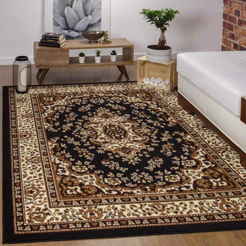 Area Rug High Contrast Border Black Beige Traditional Medallion