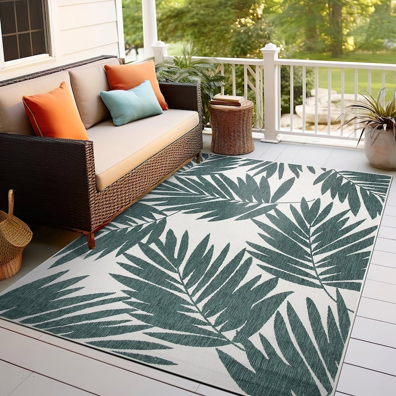 Area Rug, High Contrast Green Botanical Leaves, Oversized Pattern, Tropical