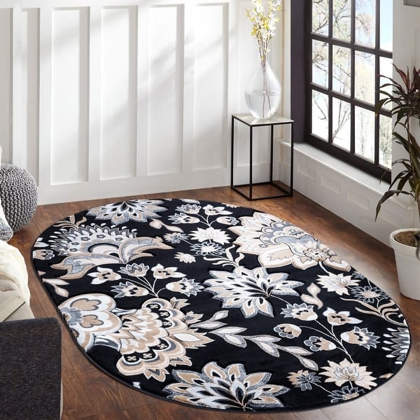 Area Rug High Contrast Oversized Floral Black Dramatic Area Rug