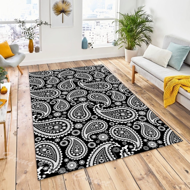 Area Rug High Contrast Paisley Black White Modern Living Room