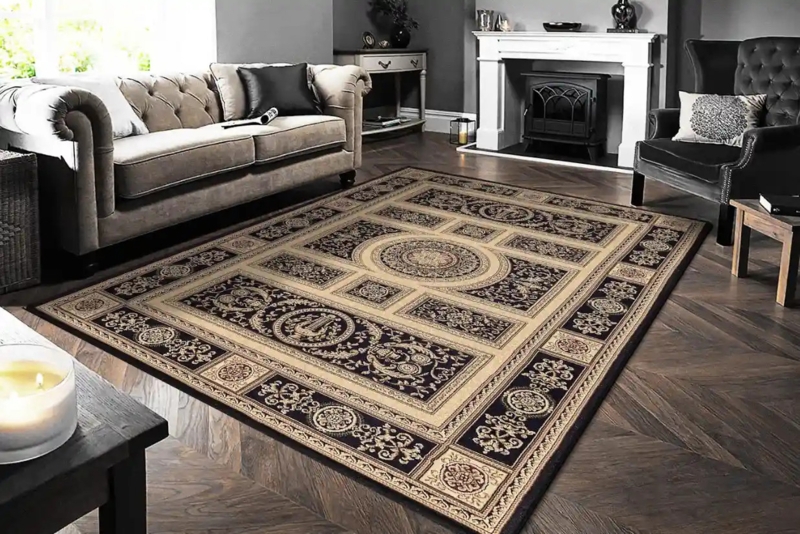 Area Rug High Contrast Palette Ornate Medallion Motif Transitional