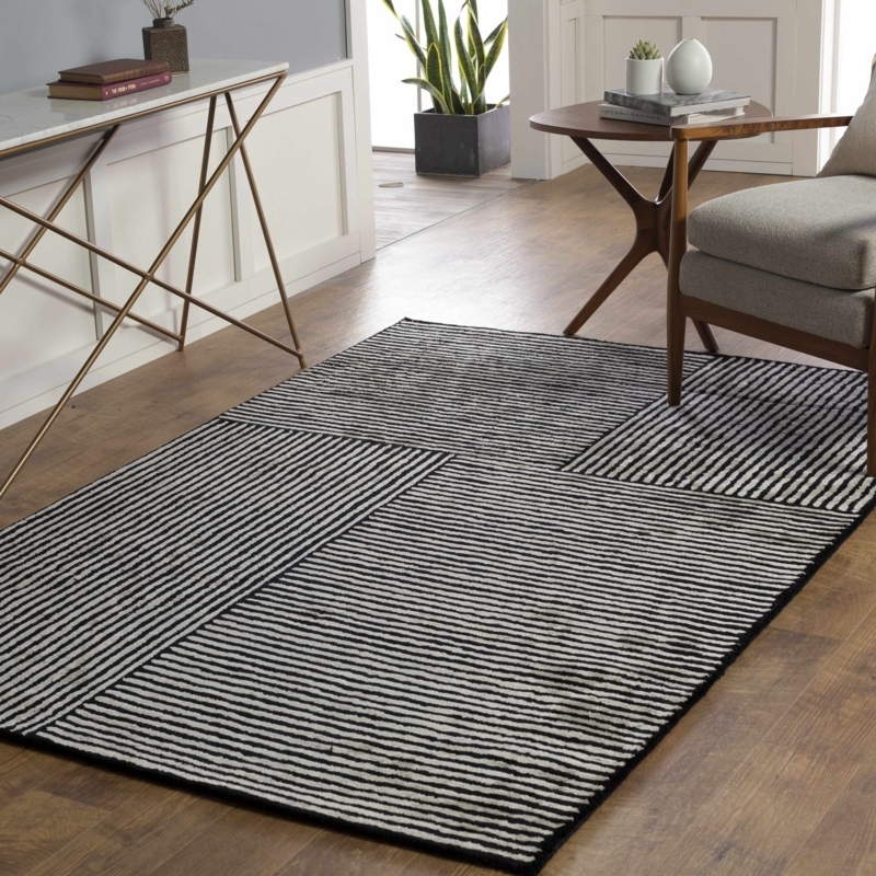 Area Rug High Contrast Striped Pattern Lustrous Finish Black White