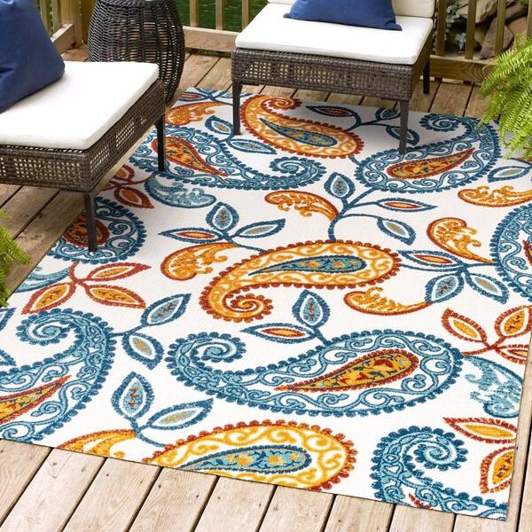 Area Rug High-Low Paisley Pattern Rust Orange Navy Blue Indoor Outdoor
