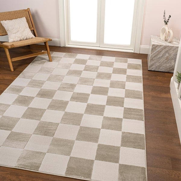 Area Rug: High-Low Pile Beige And Cream Geometric Grid Minimalist