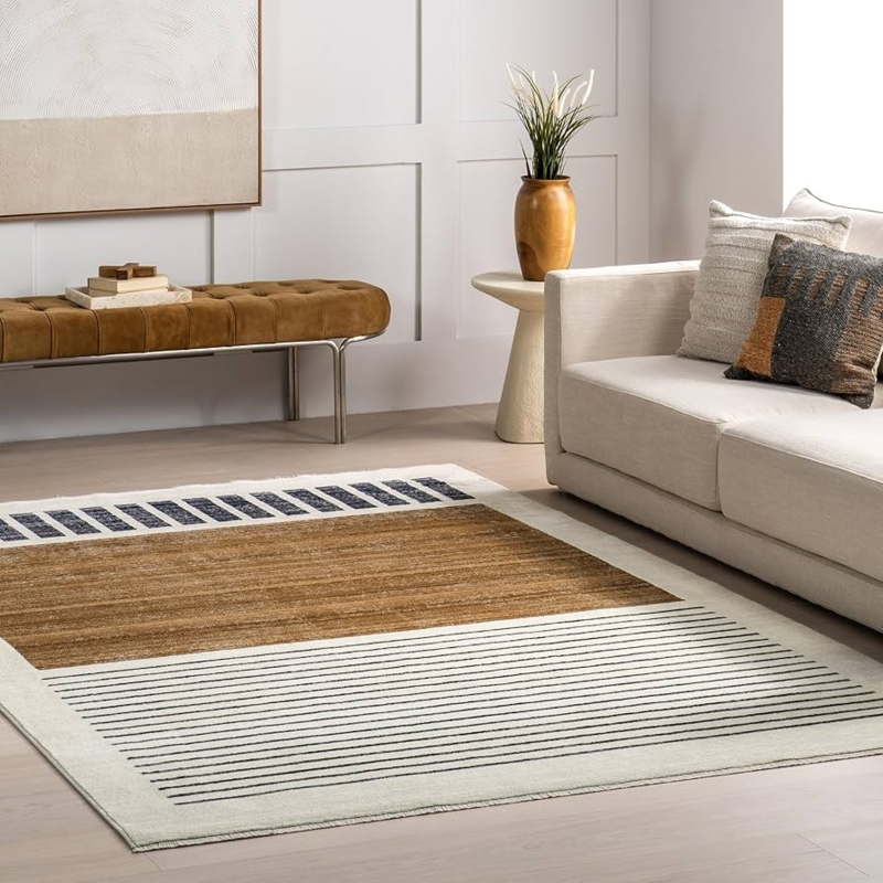 Area Rug High Low Pile Cream Braided Fringe Modern Farmhouse Decor