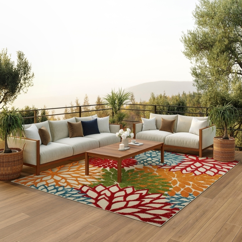 Area Rug High Low Pile Large Scale Floral Pattern Tropical Orange Yellow