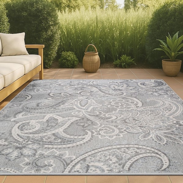 Area Rug High-Low Pile Paisley Gray Ivory Outdoor Deck Decor