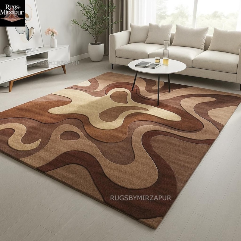 Area Rug High Low Pile Wavy Pattern 3D Texture Cream Organic Modern Style